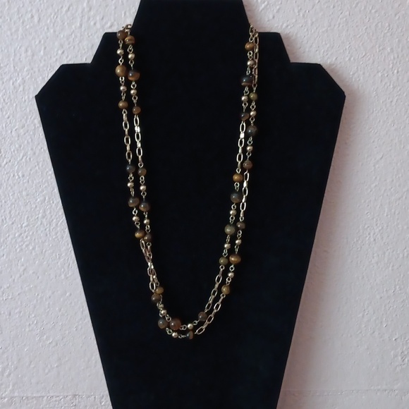Varigated Brown Stone Beads Faux Gold Beads Gold Tone Chain Link Long Necklace - Picture 1 of 10